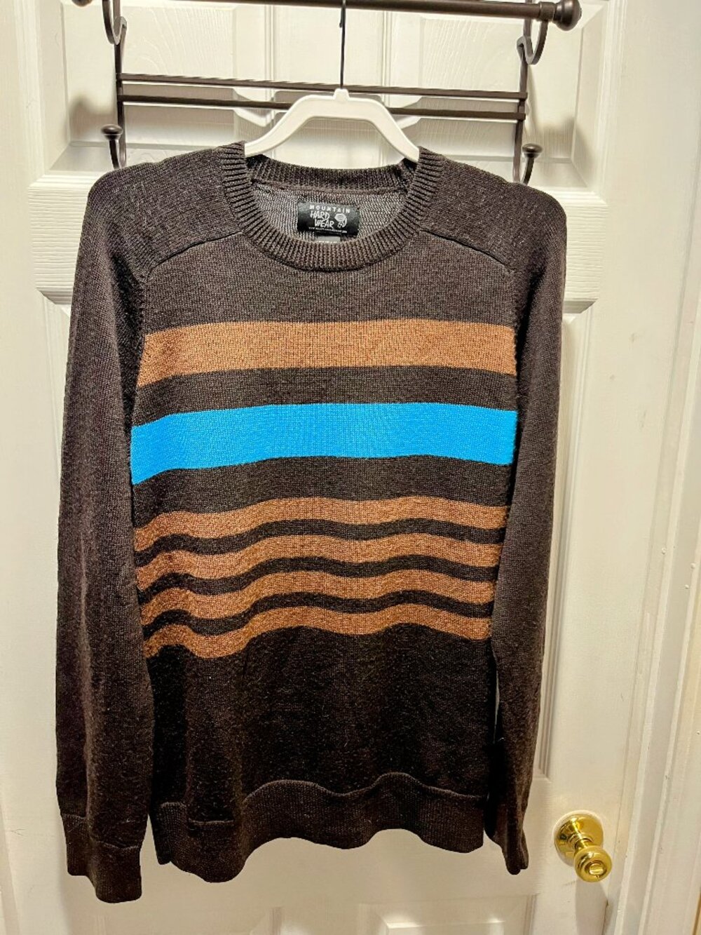 Mountain Hardwear 100% Wool Brown Striped Knit Crew Neck Sweater - Men's L